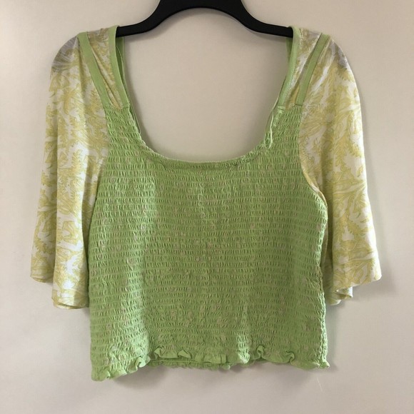NWT✨Free People 🦋 Marigold Smocked Tee Blouse Key Lime Green Combo Floral XL - Picture 8 of 9